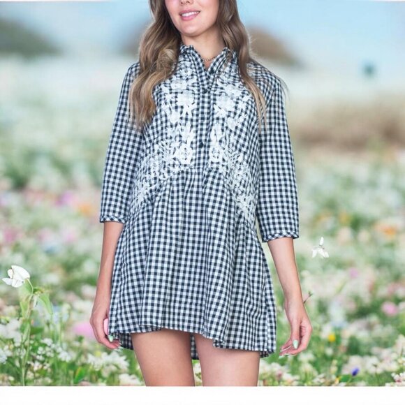 black white gingham embroidered dress - Picture 1 of 2
